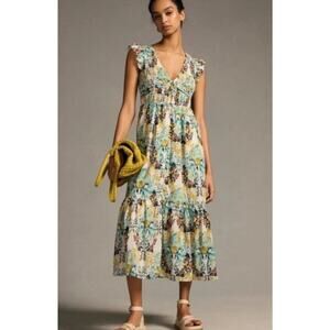 Anthropologie Floral Tiered Midi Dress in Yellow, Blue, Cream
